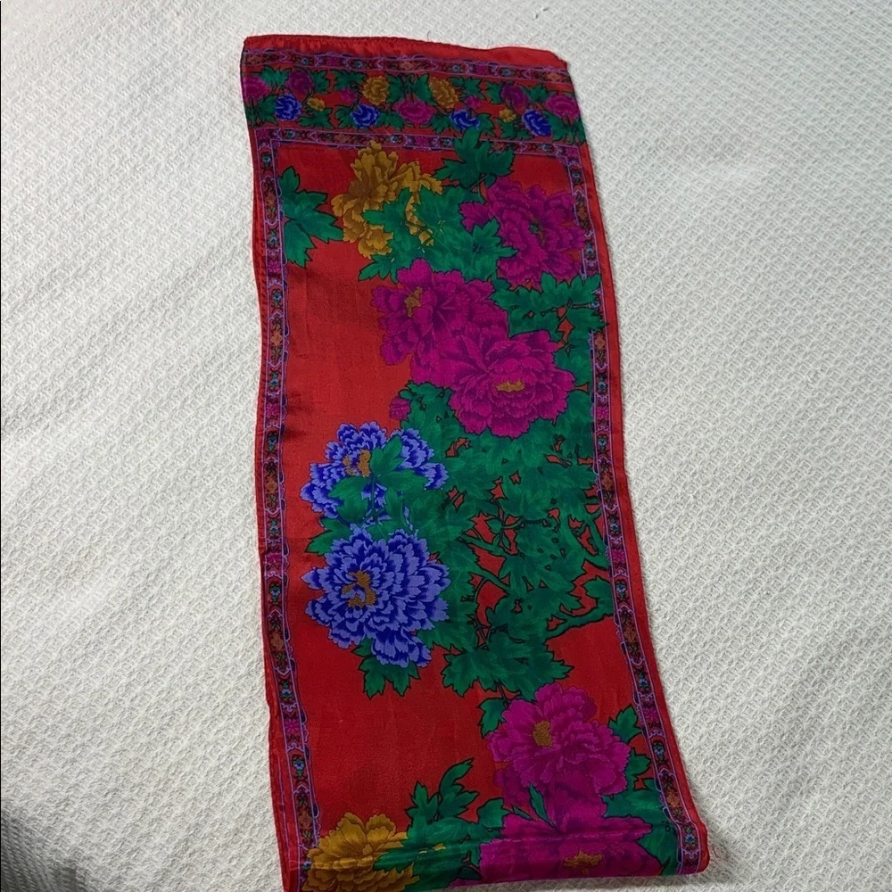 Vintage floral silk scarf red, blue, green, pink